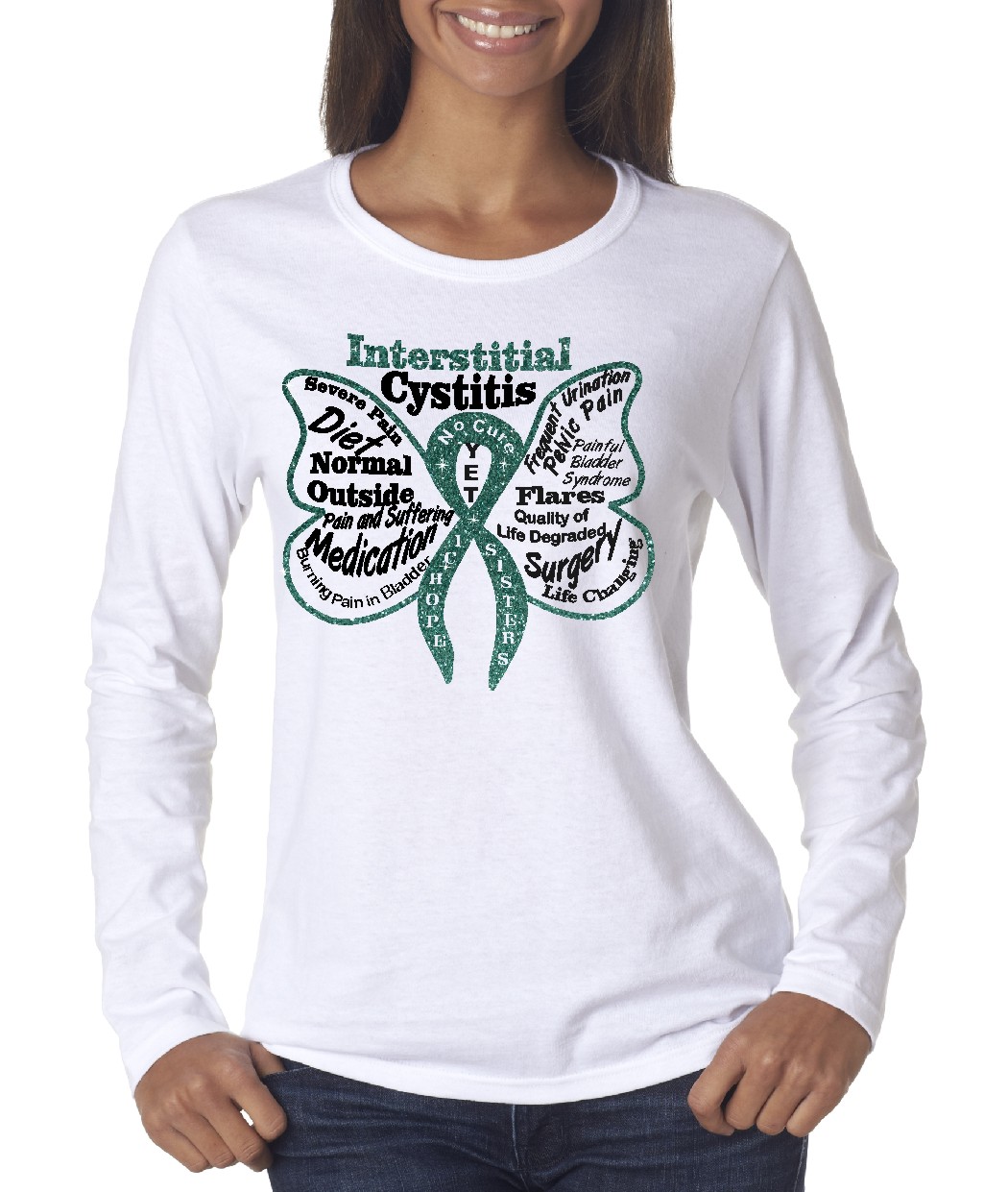 Interstitial Cystitis glitterflake white long sleeve ladies shirt